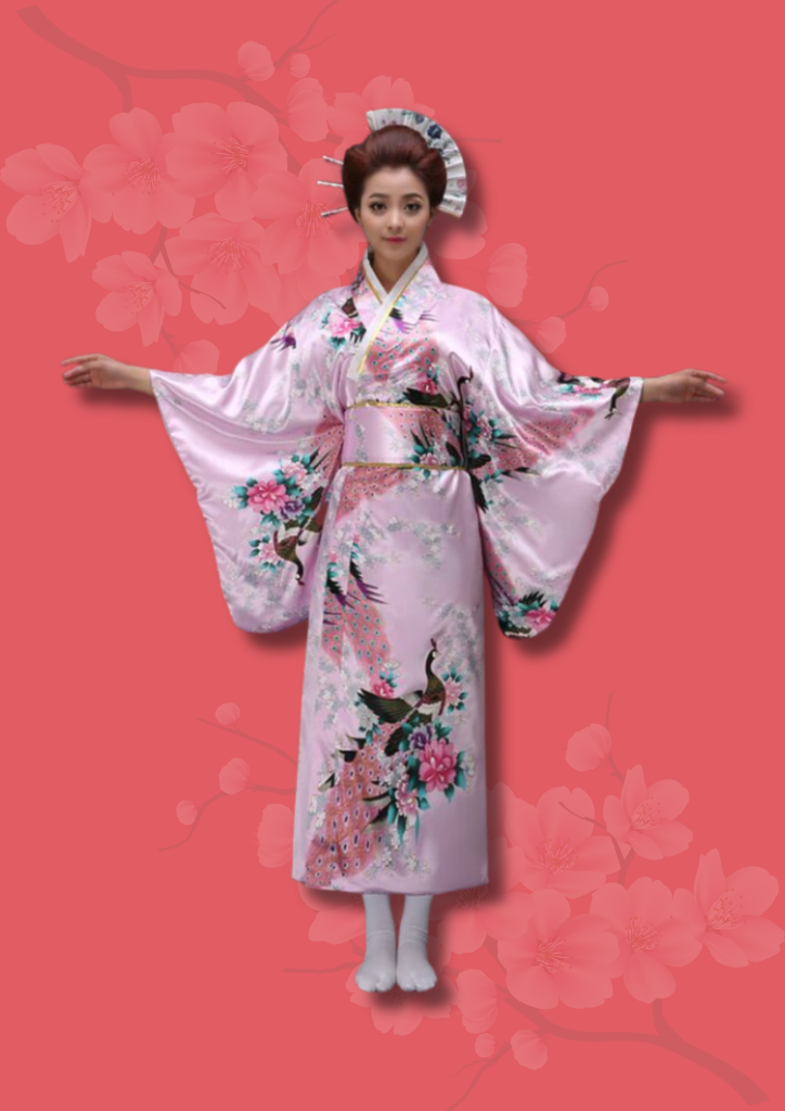 Femme avec Kimono Japonais rose fleuri