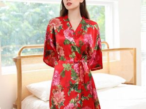Robe De Chambre Style Kimono Femme Rouge