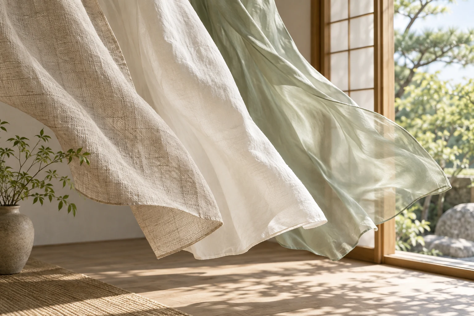Des pans de tissu beige, blanc et vert pâle flottent devant une fenêtre ensoleillée.