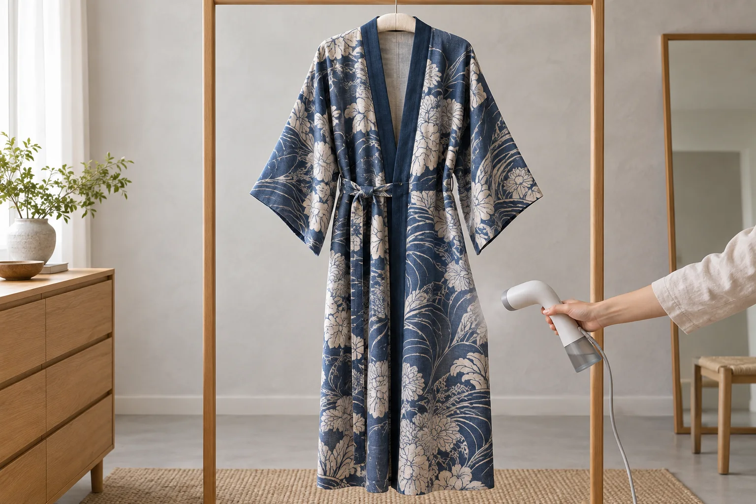 Kimono indigo suspendu avec un défroisseur tenu à distance du tissu