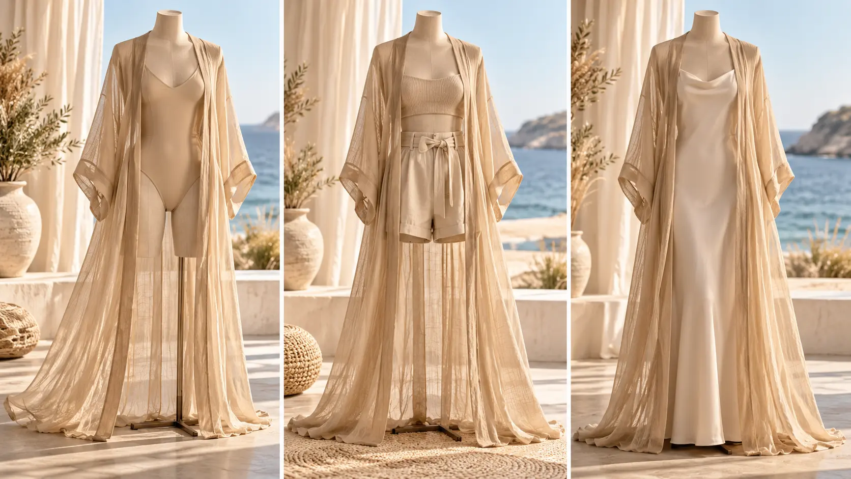Trois superpositions élégantes sous un kimono de plage transparent