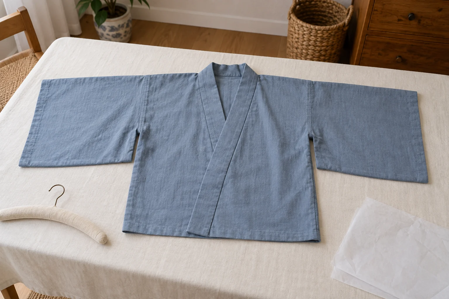 Veste kimono bleue à manches larges étalée sur une table, à côté d’un cintre rembourré.