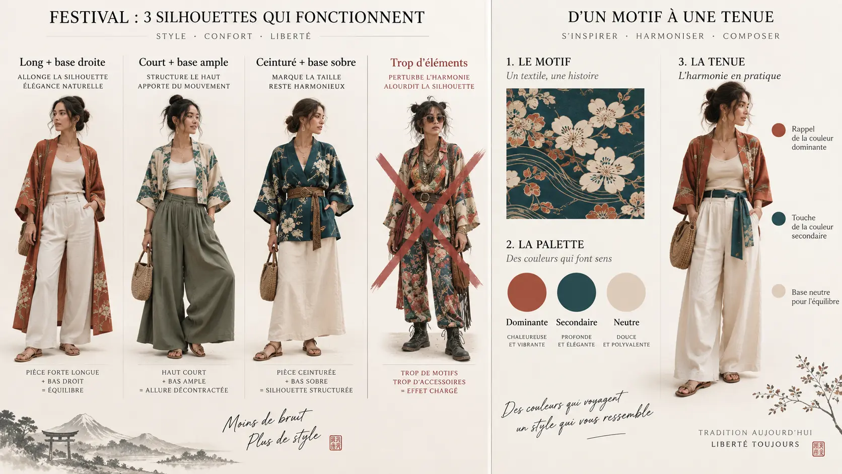 Comparaison de trois silhouettes équilibrées avec une veste d'inspiration kimono et d'une silhouette trop chargée