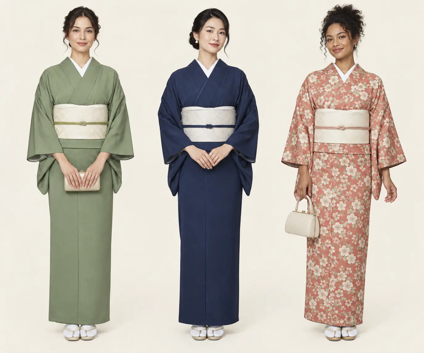 Trois tenues de mariage civil avec kimono long pour une témoin, une proche et une invitée