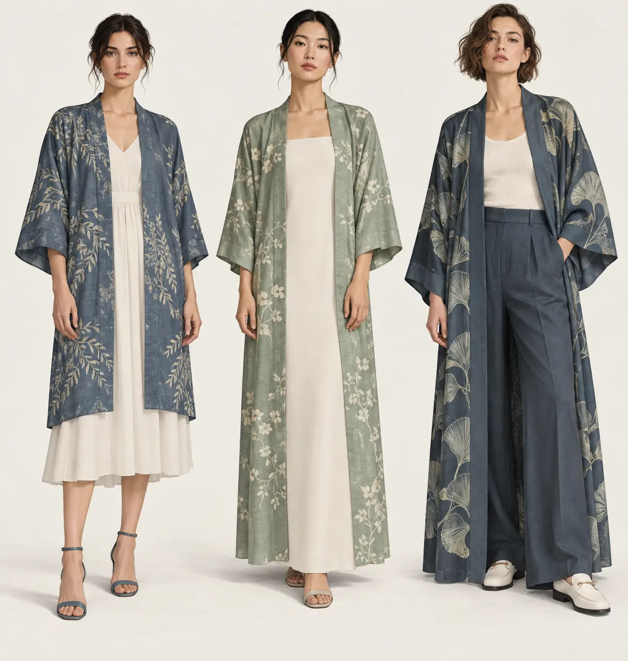 Comparaison de trois longueurs de kimono avec robe midi, robe droite et pantalon