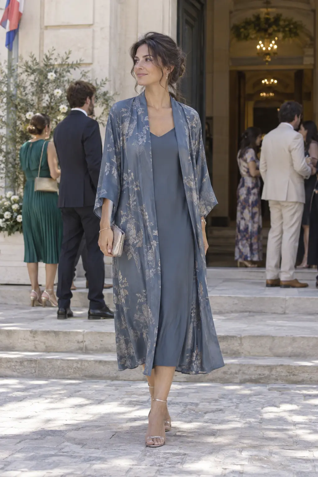 Invitée en kimono long bleu ardoise devant une mairie