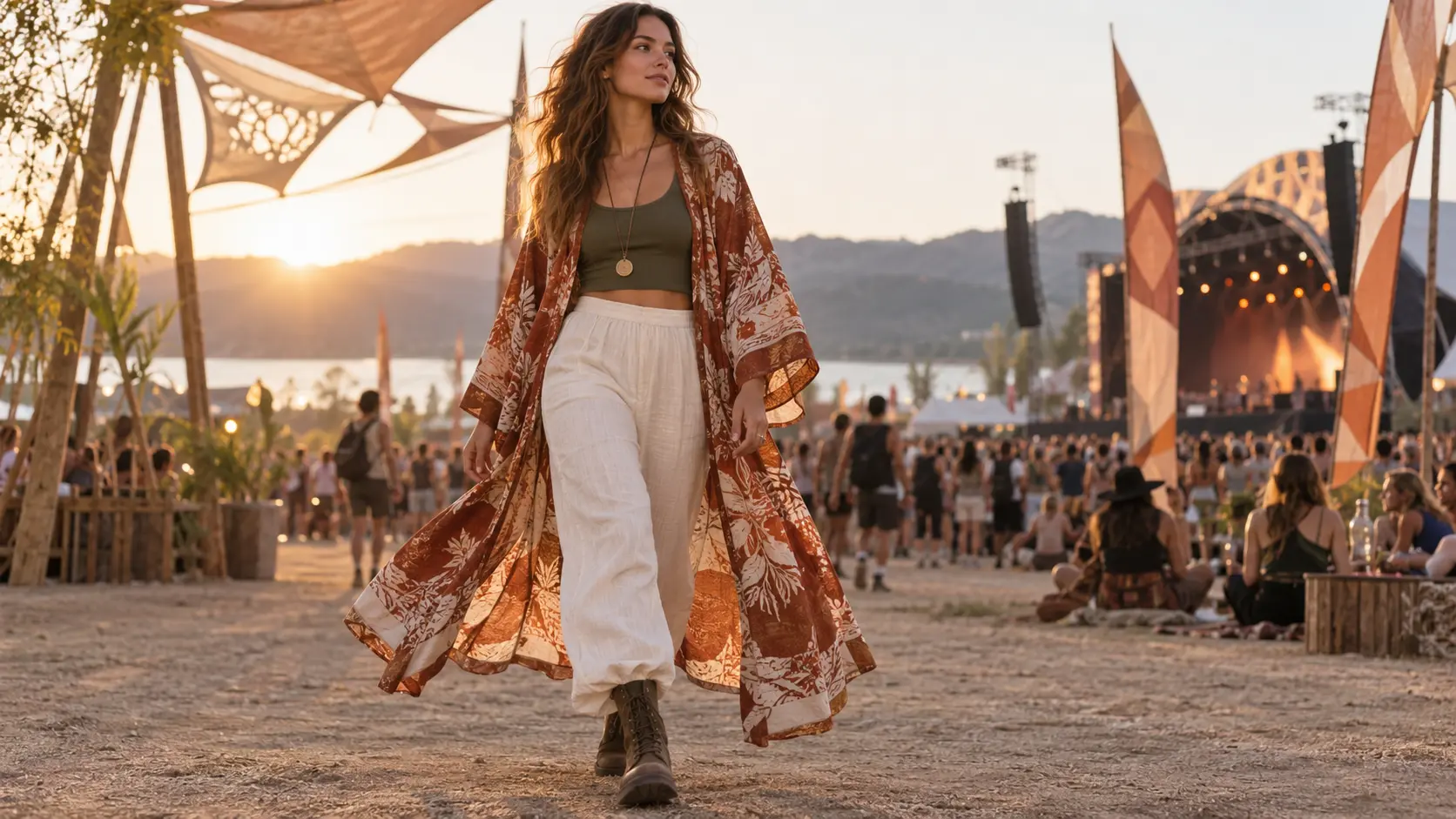 Tenue de festival sobre avec veste fluide d'inspiration kimono et base unie