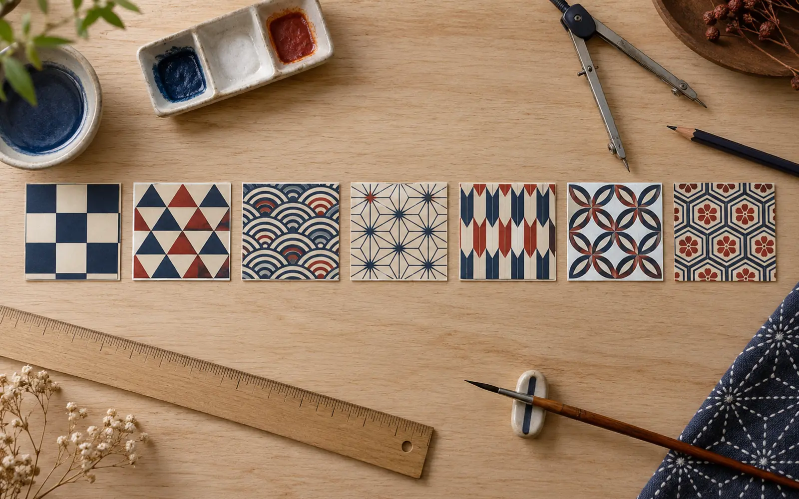 Sept motifs de kimono dessinés sur des cartes avec règle, compas et pinceau
